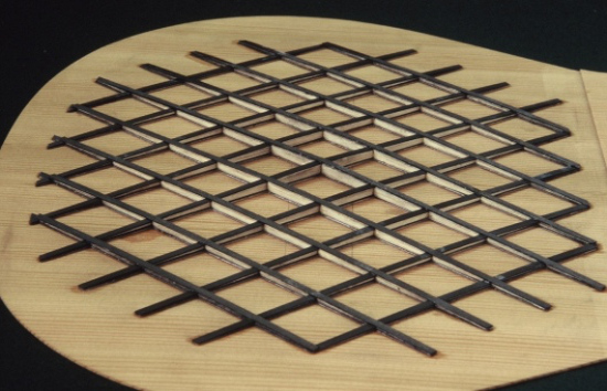 lattice braced soundboard: braces with laminated balsa wood and carbon fibre (Photo Credit: nicholas-scott-guitars.co.uk)