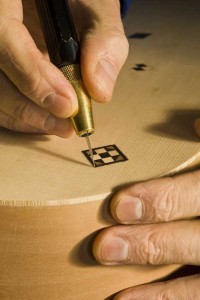 Inlay on a guitar under construction in Clive Titmuss' workshop in West Kelowna BC