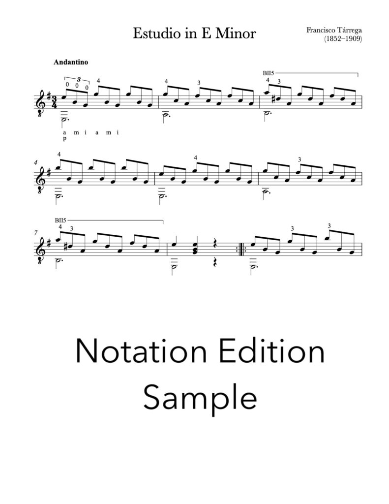 Estudio by Tarrega for Classical Guitar (Notation Sample)