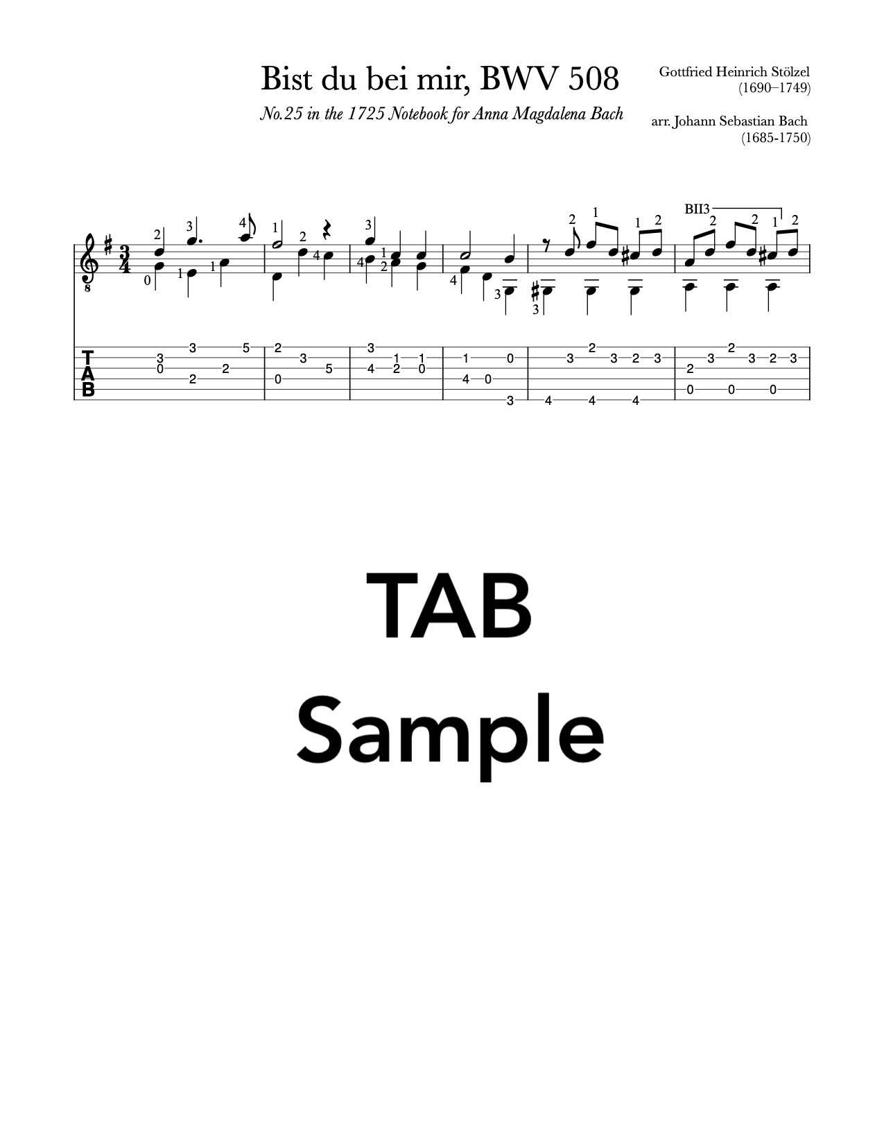 Bist du bei mir (Be thou with me) for Guitar (TAB Sample)